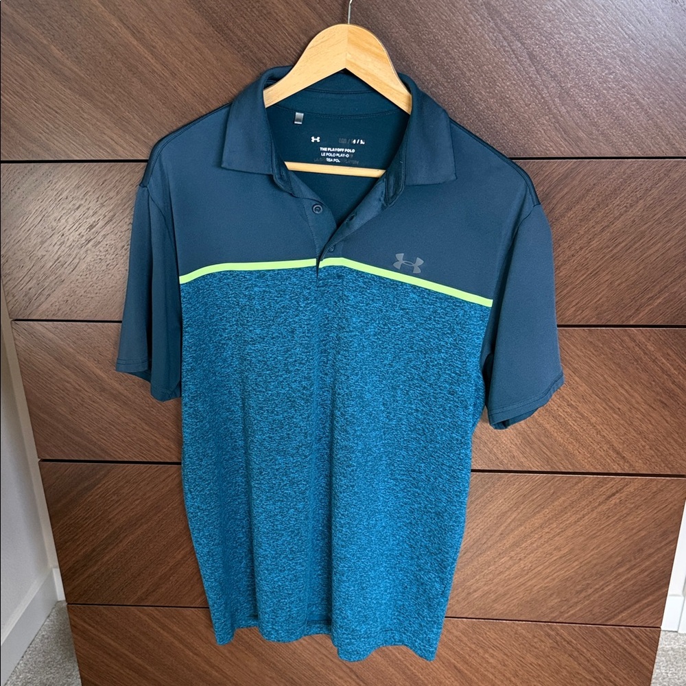 Under Armour Blue Heather Polo with Dark Navy and Neon Lime Accent
